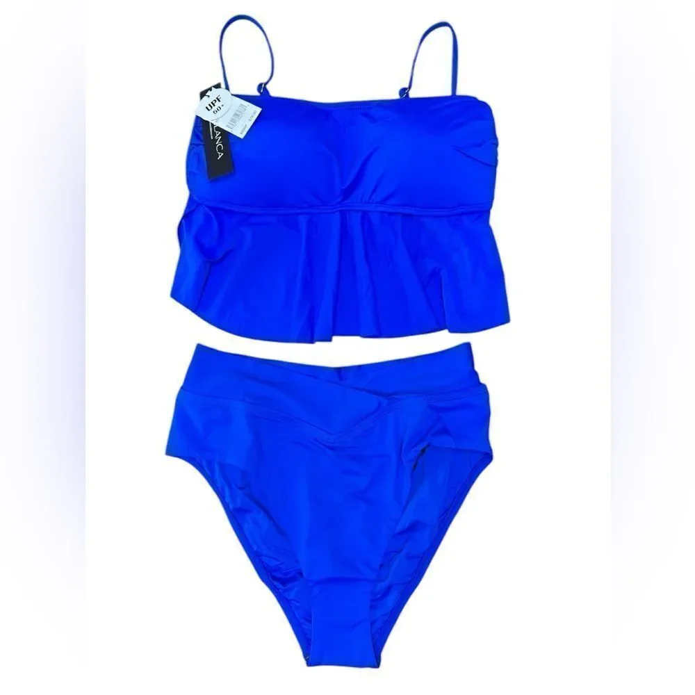 La Blanca Island Goddess Ruffle Bandeau Swimsuit- Sapphire Size 10 NWT